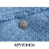 KPYTOMOA KVINNA FASHION OFFICE Wear Double Breasted Tweed Blazer Coat Vintage Långärmad Frayed Kvinna Ytterkläder Chic Toppar 211006