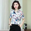 Korean Silk Shirts Women Short Sleeve Satin Blouses Print Shirt Plus Size Blusas Femininas Elegante Lady Floral Blouse Tops 3XL 210531