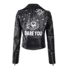 FMFSSOM Spring Women Faux Leather Jacket Turn-Down Collar Letter Print Epaulet Rivet Zipper Lady Letter Vintage Biker Ytterkläder 210908