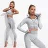 2 pièces ensembles femmes tenues Fitness hauts à manches longues sans couture taille haute Leggings dépouillé fermeture éclair survêtement femmes 210925