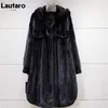 Lautaro Winter Long Black厚い暖かいFauxミンクの毛皮コートの女性のフード長袖韓国のファッションふわふわのジャケット1サイズ211124