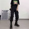 Qwek techwear gótico cargas pretas calças mulheres punk streetwear hip hop showejuku fita de cintura alta calças femininas soltas 211105