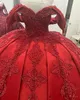 Mor 3d spets pärlor från axeln quinceanera klänningar rött plus storlek söt 16 klänning rufsar tyll prom boll klänningar