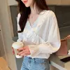 Fall Korean V-Collar Chiffon Shirt Women Long Flare Sleeve White Solid Fashion Ladies Tops V-neck Full Spliced 5681 50 210527