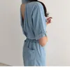 Casual Dresses Denim Lato Kobiet Lapel Koreański Styl Elegancka Bodycon Backless Long Vestidos 2021