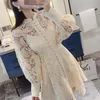 Casual Dresses 2021 High Quality Luxury Design Runway Dress Autumn Women Sexy Waist Lace Hollow Out Lantern Sleeve Mini Whith Belt