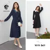 Fansilanen kontor Lady Vintage Long Black Dress Women Sleeve Patchwork Elegant Blå Vår Slim Bälte Casual 210607