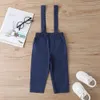 Ensembles d'hiver pour enfants, manches longues, col rabattu, nœud papillon, bleu solide, bretelles mignonnes, 2 pièces, vêtements pour filles et garçons 0-2T 210629