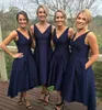 2021 Cheap Navy Blue V Neck Bridesmaid Dresses vintage Tea-Length Formal Prom Evening Gown Eleagnt Maid Of Honor Wdding Guest Dresses