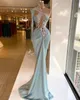 Plus Size Arabic Aso Ebi Lace Beaded Crystals Prom Dresses High Neck Sheath Evening Formal Party Second Reception Birthday Gowns Dress Zj44e