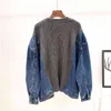 Primavera Autunno Donna Giacca di jeans Patchwork Manica lunga Moda vintage Cappotto in due pezzi finto Donna di alta qualità 210603