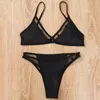 Sexy Bikini Set Mesh Patchwork Swimsuit Women Black Swimwear Push Up Halter Bandage Bathing Suit Low Waist Swimming