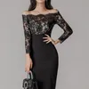 Summer Slash Neck Strap Off Shoulder Vestidos Long Sleeve Lace Patchwork Sheath Bodycon Striped Midi Party Dress 210603