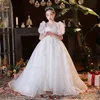 Puffy Girls Dress 3d Flower v Neck Long Train Детские подростки. Платье платья по случаю дня рождения для свадебного хвоста 403