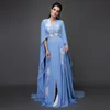 Elegant Moroccan Kaftan Sky Blue Evening Dresses With Cape V-Neck White Embroidery Appliques Arabic Dubai Women Chiffon Caftan Prom Gowns Long Formal Party Dress