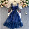 Kadınlar Moda Nakış Çiçek Yuvarlak Boyun Orta Kollu Yüksek Bel İnce Dikiş Örgü A-Line Elbise Zarif Vestidos R226 210527