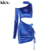 Kliou Velvet Hollow Out Party Dresses Kobiety Solidna Single Ramię Streetwear Skinny Slim Clubwear Sexy Bodycon Mini Dress 210706