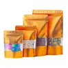 100 pezzi Stand up in rilievo oro foglio di alluminio finestra borsa con cerniera Doypack richiudibile cioccolato caffè biscotti snack sale cibo per animali Hea2721917