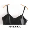 KPYTOMOA femmes Sexy mode Faux cuir recadrée débardeur Vintage col en V côté fermeture éclair larges bretelles femme Camis Chic hauts 210714