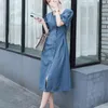 Letnia moda damska kwadratowa szyja elegancka długa sukienka denim niebieskie vestidos casual sukienki plus rozmiar 210531