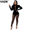 Jumpseau pour femme Rompers Vazn Brand Noir 2021 Mode High Street Solid Casual Casual Baldoyale Dentelle Épissure Sexy Pantalon long Pantalon Slim Jumpsuit