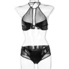 Womens Sexy Lingerie Sets Soft PU Leather Transparent Mesh Fabric Corset Tight Bra Erotic Latex Bodycon Shorts Short Dress Sexi Y0911