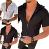 Men's T-Shirts 2022 Summer Men Short Sleeve T-shirt Hooded Zipper Plaid Print Fashion Streetwear Casual Solid Color Male Slim Tops