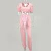 Asia Summer Womens Loungewear Set Vintage Square Collar Short Puff Sleeve Crop Top Long Pant Two Piece Set Pink Jogging Suit 210302