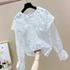 Solid All Match Hollow Perspektiv Peter Pan Collar Lace Flare Sleeve Shirts Spring Blouse Women 210615