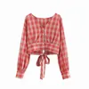 Women's Blouses & Shirts Philosophy Long Sleeve Plaid Blouse Vintage V-Neck Female Lace-Up Casual Street Wear Lady Backless Short Top