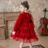 Nowoczesny Z Długim Rękawem Aksamitne Dziewczyny Red Performance Sukienka Boże Narodzenie Outfit Cloth Wedding Party Kids dla 4 7 9 12 14 rok 211231