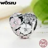 WOSTU 100% 925 Sterling Silver Blooms Fiore Del Cuore Perline Misura Il Braccialetto Originale Rosa Dello Smalto di Fascino Gioielli FAI DA TE Che Fanno Q0531