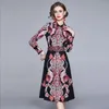 Wiosna Moda Kobiety Vintage Dres Z Długim Rękawem Wyłącz Kołnierz Kwiat Drukuj Dorywczo 210531