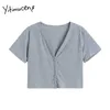 yitimucengボタンアップTシャツ女性原宿ティーVネックグレーブラックホワイトトップス夏韓国のファッションニットTシャツ210601