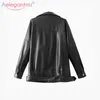 Aelegantmis Black Loose Long Pu Leather Jacket Soft Faux S Ladies Street Casual Motorcykel Biker Coat 210607