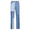 Stylowa łatana niebieska kobieta dżinsy modne trend casual pełna długość wysoki talia vintage drelichowe spodnie Harajuku Streetwear 210915