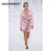 Różowy długi sweter Cardigans Runway Fashion V-Neck Rękaw Kieszonkowy Eleganckie Odzież Boże Narodzenie z Sashes Dzianiny Znosić 210914