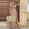 Casual Dresses Puimentiua 2021 Summer Beach Maxi Dress Women Floral Print Boho Long V-Neck Split Sexy Party Robe Femme