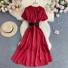 Czerwony / Czarny / Zielony Nieregularne Sukienka Kobiety Biurowe Panie Krótki Rękaw A-Line Midi Vestidos Kobiet Vintage Robe 2021 Ol New Fashion Y0603