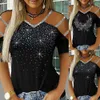 Bling Diamonds T-shirts för kvinnor Streetwear Sexy Hollow Out Tee Shirt Höst Vinter V-hals toppar Slim Tee D30 210722