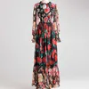 Prairie Chic Floral Print Long Holiday Chiffon Dresses Spring Runway Fashion Women Vintage Bohemian Robe Femme Party Vestidos 210601