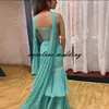 İki Adet Hindistan Balo Elbise Pantolon Saree Suudi ile Yeşil Şifon Spagetti Sapanlar Suits Suudi Arapça Akşam Parti Abiye Vestidos