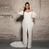 Simple Beach Cheap Dresses Plus Size Off Shoulder Boho Front Split Puffy Sleeves Pearls Sashes Bohemian Wedding Dress Bridal Gowns