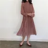 Casual Dresses Spring Höst 2021 Koreanska Texture Pläterad Slim Långärmad Midi Elegant Print Ladies Kvinnor Födelsedag Kläder