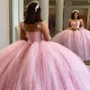 2022 Różowy Glitter Quinceanera Prom Dresses Z Długim Rękawem 3D Kwiat Słodki 16 Dress Księżniczka Kryształ Quinceanera Suknie WJY591