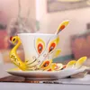 Creative 3D Hand Crafted Porcelain Enamel Peacock Coffee Set with Saucer And Spoon Present Ceramic Tea Water Cup Dish Gift