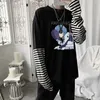 メンズTシャツ2022アニメエヴァンゲリオ男性パッチワークストライプ原宿甘い女の子ユニセックス特大ブラック/ホワイトTシャツ