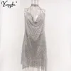 Sexy Metal Body Chain Deslize Vestido de Verão Mulheres Bling Diamante Beach Bodycon Dress Sequin Night Club Party Senhoras Vestidos Vestidos 210224