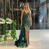 Grön Spaghetti Sequined Mermaid Evening Klänningar med Fjädrar Avtagbar Tåg Hög Split Formell Prom Dress