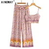 Pink Floral print Women two piece outfits strap Sleeveless tops Bohemian wide leg pants 2 pieces rayon cotton Boho sets 211105